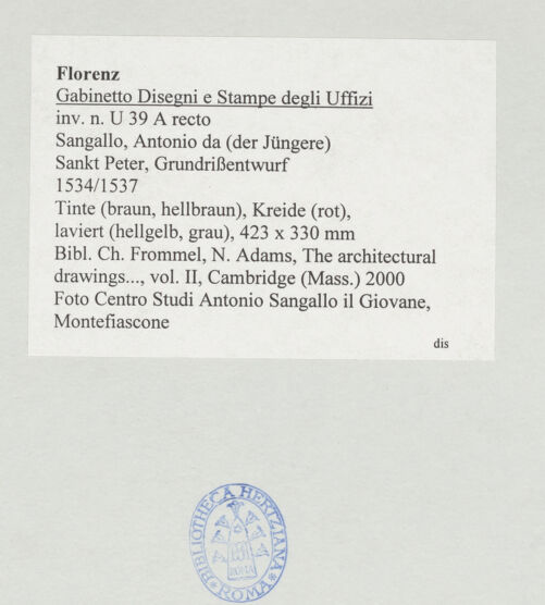 Rückseite von Centro Studi Antonio Sangallo il Giovane, Montefiascone [https://www.deutsche-digitale-bibliothek.de/content/lizenzen/rv-ez/] Rom, Sankt Peter, Grundrissentwurf - , bh513700_recto. Foto.