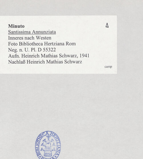 Rückseite von Bibliotheca Hertziana [https://www.deutsche-digitale-bibliothek.de/content/lizenzen/rv-fz/] Santissima Annunziata - Inneres nach der Innenfassade, bh514030_recto. Foto: Schwarz, Heinrich Mathias.