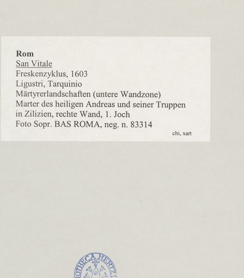 Rückseite von Sopr. BAS ROMA [https://rightsstatements.org/page/CNE/1.0/] FreskenzyklusMärtyrerlandschaften (untere Wandzone) - Marter des heiligen Andreas und seiner Truppen in Zilizien, linke Wand, 6. Joch, bh514085_recto. Foto.
