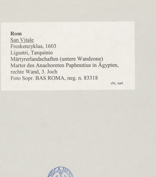 Rückseite von Sopr. BAS ROMA [https://rightsstatements.org/page/CNE/1.0/] FreskenzyklusMärtyrerlandschaften (untere Wandzone) - Marter des Anachoreten Paphnutius in Ägypten, linke Wand, 3. Joch, bh514132_recto. Foto.
