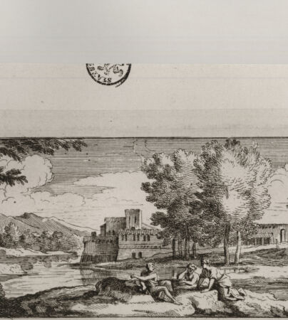 Rückseite von Landesbildstelle Rheinland [http://creativecommons.org/publicdomain/mark/1.0/] 6 LandschaftenTafel 2: Flusslandschaft mit Schloß und drei Figuren im Vordergrund - , bh514781. Foto.