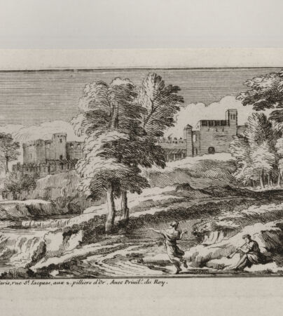 Rückseite von Landesbildstelle Rheinland [http://creativecommons.org/publicdomain/mark/1.0/] 6 LandschaftenTafel 3: Landschaft mit Schloß, im Vordergrund ein Flöte spielender Mann und ein tanzendes Mädchen - , bh514782. Foto.