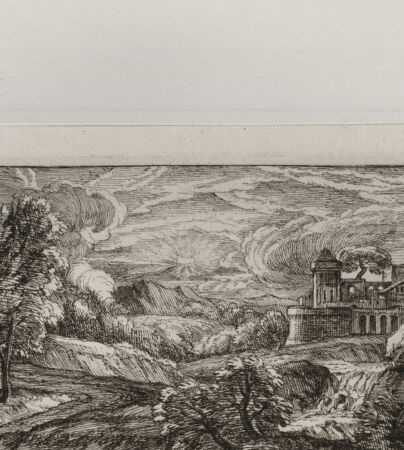 Rückseite von Landesbildstelle Rheinland [http://creativecommons.org/publicdomain/mark/1.0/] 6 LandschaftenTafel 5: Flusslandschaft mit Bäumen, Felsen, einem Gebäudekomplex und zwei Figuren - , bh514784. Foto.