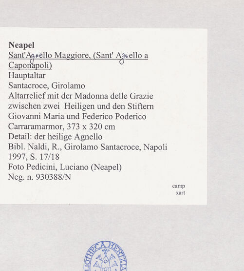 Rückseite von Pedicini, Luciano [https://www.deutsche-digitale-bibliothek.de/content/lizenzen/rv-ez/] Altarretabel mit der Madonna delle Grazie zwischen den heiligen Cataldus und Agnellus und den Stiftern Giovanni Maria Poderico und Federico PodericoMadonna delle Grazie - Detail: der heilige Agnello, Kopf, bh515363_recto. Foto: Pedicini, Luciano.