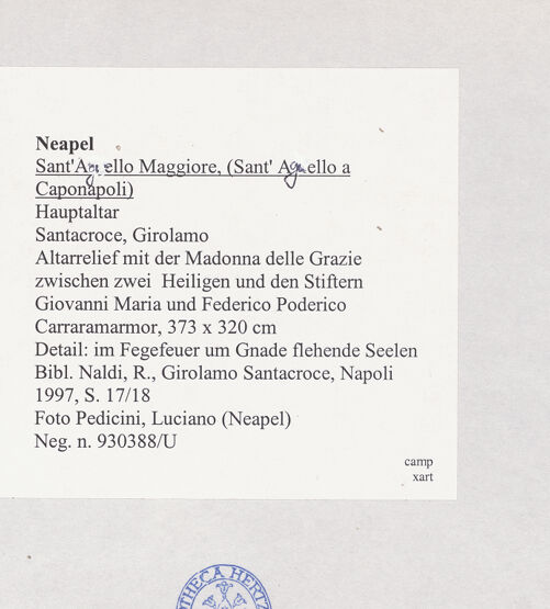 Rückseite von Pedicini, Luciano [https://www.deutsche-digitale-bibliothek.de/content/lizenzen/rv-ez/] Altarretabel mit der Madonna delle Grazie zwischen den heiligen Cataldus und Agnellus und den Stiftern Giovanni Maria Poderico und Federico PodericoMadonna delle Grazie - Detail: im Fegefeuer um Gnade flehende Seelen, bh515364_recto. Foto: Pedicini, Luciano.