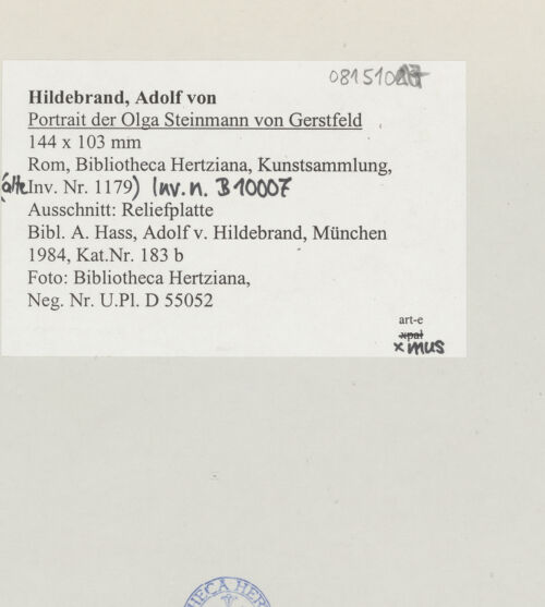 Rückseite von Bibliotheca Hertziana [https://www.deutsche-digitale-bibliothek.de/content/lizenzen/rv-fz/] Portrait der Olga Steinmann geb. von Gerstfeldt (Profil im Marmorrahmen?) - Detail: Reliefplatte ohne Rahmen, bh515564_recto. Foto.