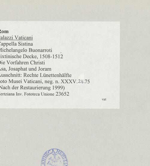 Rückseite von Musei Vaticani [https://www.deutsche-digitale-bibliothek.de/content/lizenzen/rv-ez/] Die Sixtinische DeckeDie Vorfahren ChristiAsa, Josaphat und Joram - Ausschnitt: Rechte Lünettenhälfte, bh515885_recto. Foto.