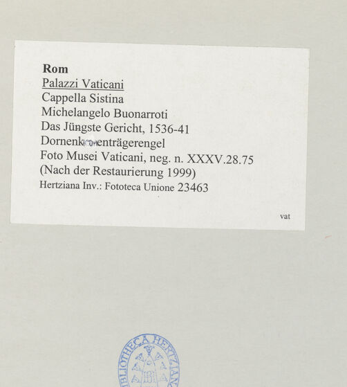 Rückseite von Musei Vaticani [https://www.deutsche-digitale-bibliothek.de/content/lizenzen/rv-ez/] Das Jüngste Gericht - Dornenkronenträgerengel, bh515894_recto. Foto.