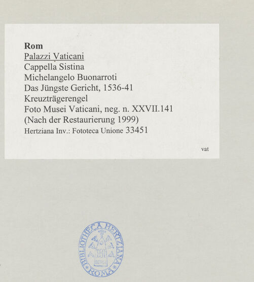 Rückseite von Musei Vaticani [https://www.deutsche-digitale-bibliothek.de/content/lizenzen/rv-ez/] Das Jüngste Gericht - Kreuzträgerengel, bh515897_recto. Foto.
