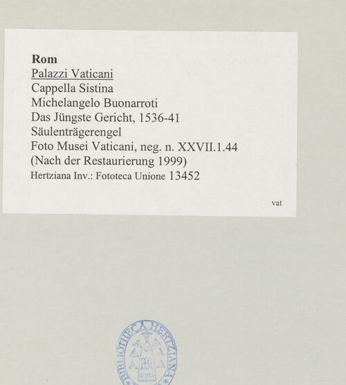 Rückseite von Musei Vaticani [https://www.deutsche-digitale-bibliothek.de/content/lizenzen/rv-ez/] Das Jüngste Gericht - Säulenträgerengel, bh515898_recto. Foto.