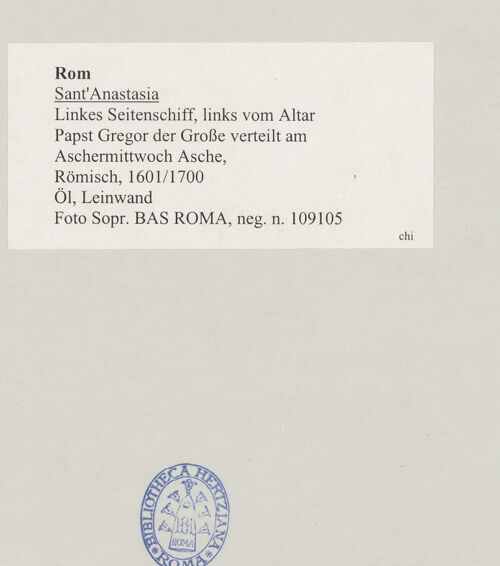 Rückseite von Sopr. BAS ROMA [https://www.deutsche-digitale-bibliothek.de/content/lizenzen/rv-ez/] Papst Gregor der Große verteilt am Aschermittwoch Asche - , bh516294_recto. Foto.