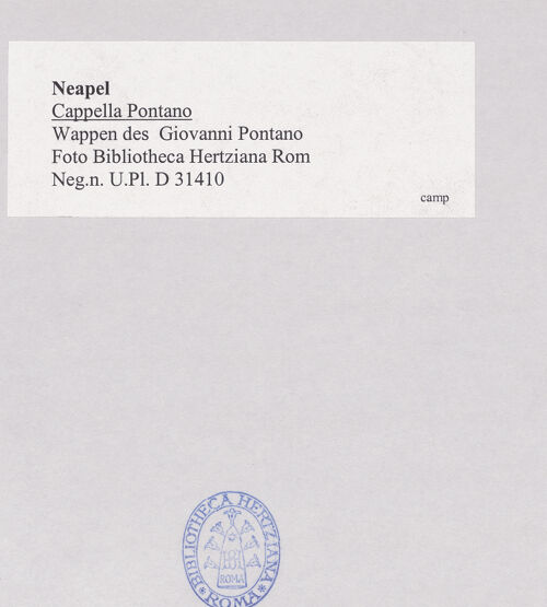 Rückseite von Bibliotheca Hertziana [https://www.deutsche-digitale-bibliothek.de/content/lizenzen/rv-fz/] Wappen der Pontano-familie - Wappen des Giovanni Pontano, bh516558_recto. Foto.