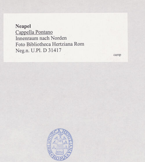 Rückseite von Bibliotheca Hertziana [https://www.deutsche-digitale-bibliothek.de/content/lizenzen/rv-fz/] Cappella Pontano - Inneres nach Norden, bh516559_recto. Foto.