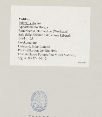 Rückseite von Archivio Fotografico Musei Vaticani [https://www.deutsche-digitale-bibliothek.de/content/lizenzen/rv-ez/] Wand- und Deckendekoration der Sala delle Scienze e delle Arti LiberaliPersonifikation der Dialektik - , bh516850_recto. Foto.