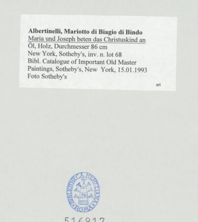 Rückseite von Sotheby's [https://www.deutsche-digitale-bibliothek.de/content/lizenzen/rv-ez/] Maria und Joseph beten das Christuskind an - , bh516917_recto. Foto.