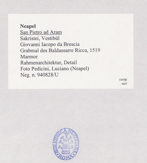 Rückseite von Pedicini, Luciano [https://www.deutsche-digitale-bibliothek.de/content/lizenzen/rv-ez/] Grabmal des Baldassarre Ricca (gest. 1518)Rahmenarchitektur mit Groteskendekoration und Wappenschild - Rahmenarchitektur, Detail des linken Pilaster, bh518310_recto. Foto: Pedicini, Luciano.