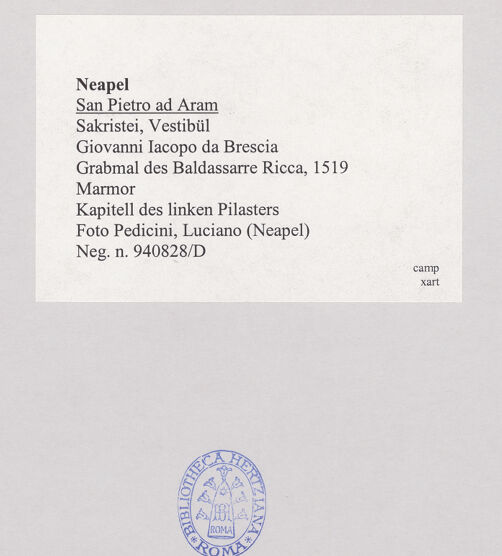 Rückseite von Pedicini, Luciano [https://www.deutsche-digitale-bibliothek.de/content/lizenzen/rv-ez/] Grabmal des Baldassarre Ricca (gest. 1518)Rahmenarchitektur mit Groteskendekoration und Wappenschild - Kapitell des linken Pilasters und Wappenschild, bh518311_recto. Foto: Pedicini, Luciano.