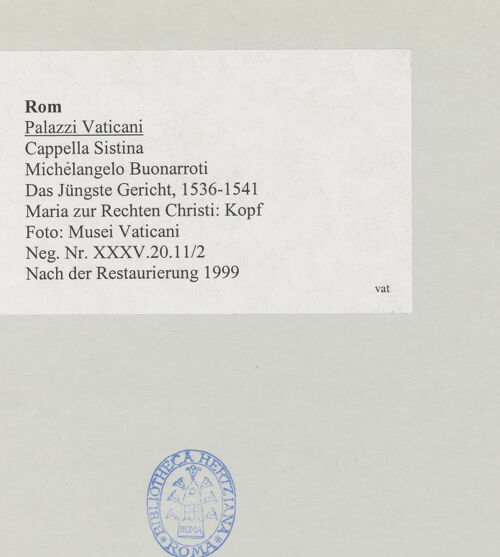 Rückseite von Musei Vaticani [https://www.deutsche-digitale-bibliothek.de/content/lizenzen/rv-ez/] Das Jüngste Gericht - Maria zur Rechten Christi: Kopf, bh518702_recto. Foto.
