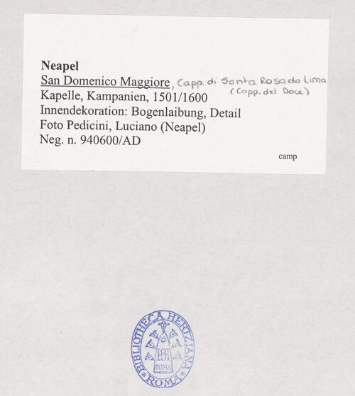 Rückseite von Pedicini, Luciano [https://rightsstatements.org/page/CNE/1.0/] Cappella di Santa Rosa da Lima - Innendekoration: Bogenleibung, Detail, bh518902_recto. Foto: Pedicini, Luciano.