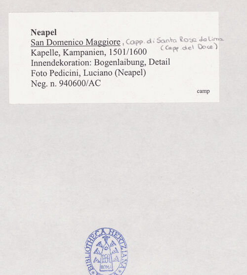 Rückseite von Pedicini, Luciano [https://rightsstatements.org/page/CNE/1.0/] Cappella di Santa Rosa da Lima - Innendekoration: Bogenleibung, Detail, bh518904_recto. Foto: Pedicini, Luciano.