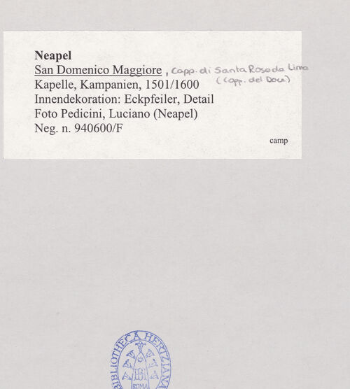 Rückseite von Pedicini, Luciano [https://rightsstatements.org/page/CNE/1.0/] Cappella di Santa Rosa da Lima - Innendekoration: Kuppelpfeiler, Detail, bh518914_recto. Foto: Pedicini, Luciano.