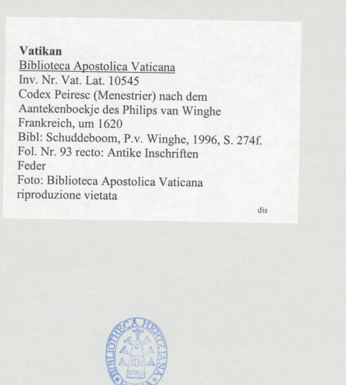 Rückseite von Biblioteca Apostolica Vaticana [https://www.deutsche-digitale-bibliothek.de/content/lizenzen/rv-ez/] Codex Peiresc (Menestrier) nach dem Aantekenboekje des Philips van WingheAntike Siegel - , bh520037_recto. Foto.