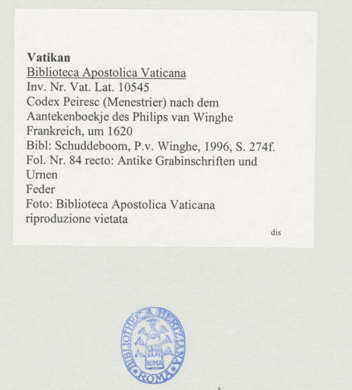 Rückseite von Biblioteca Apostolica Vaticana [https://www.deutsche-digitale-bibliothek.de/content/lizenzen/rv-ez/] Codex Peiresc (Menestrier) nach dem Aantekenboekje des Philips van WingheAntike Grabinschriften und Urnen - , bh520055_recto. Foto.
