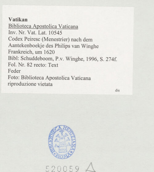 Rückseite von Biblioteca Apostolica Vaticana [https://www.deutsche-digitale-bibliothek.de/content/lizenzen/rv-ez/] Codex Peiresc (Menestrier) nach dem Aantekenboekje des Philips van WingheText - , bh520059_recto. Foto.
