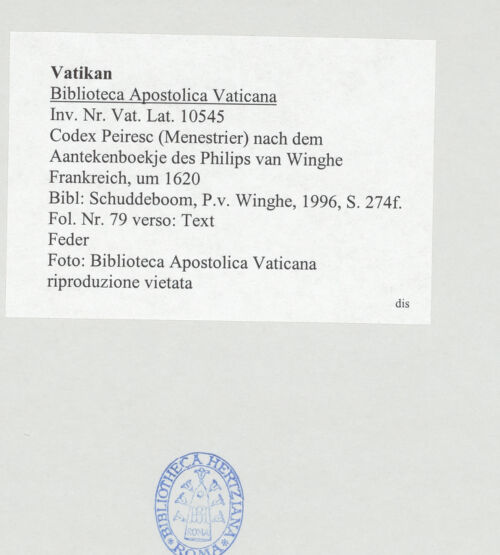 Rückseite von Biblioteca Apostolica Vaticana [https://www.deutsche-digitale-bibliothek.de/content/lizenzen/rv-ez/] Codex Peiresc (Menestrier) nach dem Aantekenboekje des Philips van WingheText - , bh520064_recto. Foto.