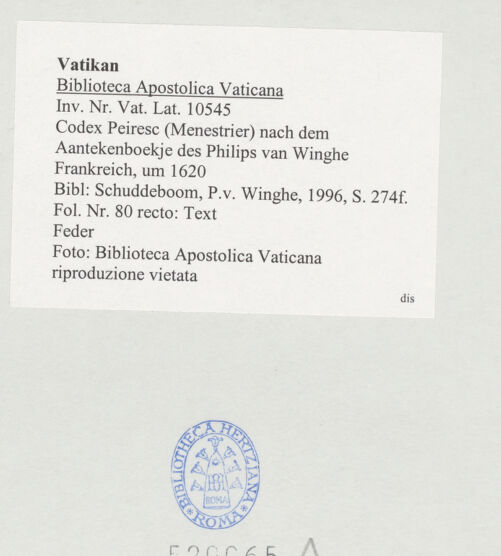 Rückseite von Biblioteca Apostolica Vaticana [https://www.deutsche-digitale-bibliothek.de/content/lizenzen/rv-ez/] Codex Peiresc (Menestrier) nach dem Aantekenboekje des Philips van WingheText - , bh520065_recto. Foto.