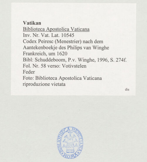 Rückseite von Biblioteca Apostolica Vaticana [https://www.deutsche-digitale-bibliothek.de/content/lizenzen/rv-ez/] Codex Peiresc (Menestrier) nach dem Aantekenboekje des Philips van WingheVotivstelen - , bh520074_recto. Foto.