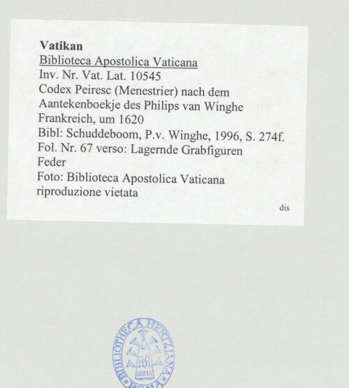 Rückseite von Biblioteca Apostolica Vaticana [https://www.deutsche-digitale-bibliothek.de/content/lizenzen/rv-ez/] Codex Peiresc (Menestrier) nach dem Aantekenboekje des Philips van WingheLagernde Grabfiguren - , bh520090_recto. Foto.