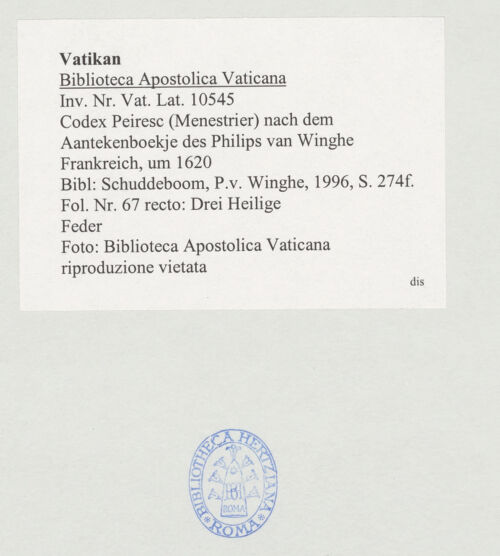 Rückseite von Biblioteca Apostolica Vaticana [https://www.deutsche-digitale-bibliothek.de/content/lizenzen/rv-ez/] Codex Peiresc (Menestrier) nach dem Aantekenboekje des Philips van WingheDrei Heilige - , bh520091_recto. Foto.