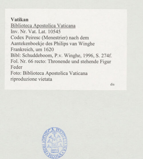 Rückseite von Biblioteca Apostolica Vaticana [https://www.deutsche-digitale-bibliothek.de/content/lizenzen/rv-ez/] Codex Peiresc (Menestrier) nach dem Aantekenboekje des Philips van WingheThronende und stehende Figur - , bh520093_recto. Foto.