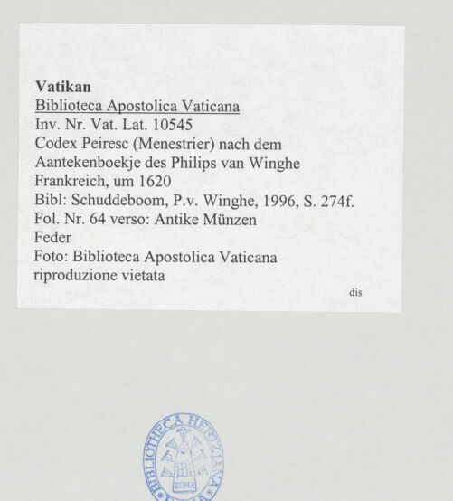 Rückseite von Biblioteca Apostolica Vaticana [https://www.deutsche-digitale-bibliothek.de/content/lizenzen/rv-ez/] Codex Peiresc (Menestrier) nach dem Aantekenboekje des Philips van WingheAntike Münzen - , bh520096_recto. Foto.