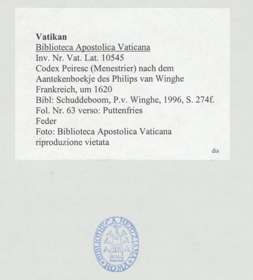 Rückseite von Biblioteca Apostolica Vaticana [https://www.deutsche-digitale-bibliothek.de/content/lizenzen/rv-ez/] Codex Peiresc (Menestrier) nach dem Aantekenboekje des Philips van WinghePuttenfries - , bh520098_recto. Foto.