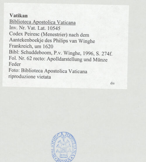 Rückseite von Biblioteca Apostolica Vaticana [https://www.deutsche-digitale-bibliothek.de/content/lizenzen/rv-ez/] Codex Peiresc (Menestrier) nach dem Aantekenboekje des Philips van WingheApollon (Sol invictus) und Luna (?), sowie Münze mit einer Darstellung einer jagenden Artemis - , bh520101_recto. Foto.