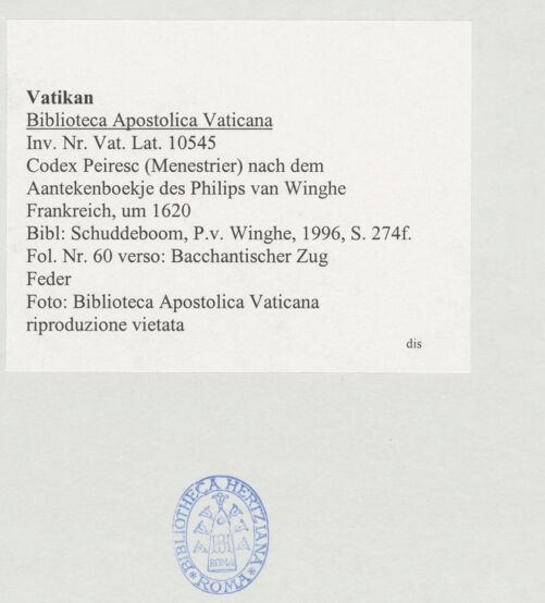 Rückseite von Biblioteca Apostolica Vaticana [https://www.deutsche-digitale-bibliothek.de/content/lizenzen/rv-ez/] Codex Peiresc (Menestrier) nach dem Aantekenboekje des Philips van WingheBacchantischer Zug - , bh520104_recto. Foto.
