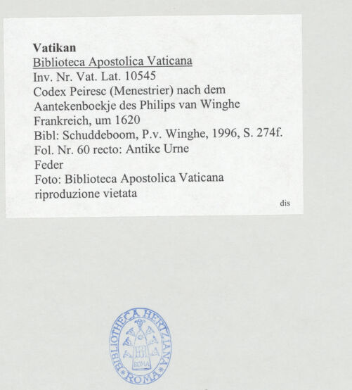 Rückseite von Biblioteca Apostolica Vaticana [https://www.deutsche-digitale-bibliothek.de/content/lizenzen/rv-ez/] Codex Peiresc (Menestrier) nach dem Aantekenboekje des Philips van WingheHermes übergibt den Säugling Dionysus dem Silenos zur Pflege - , bh520105_recto. Foto.