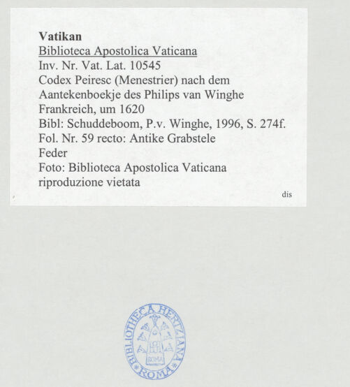 Rückseite von Biblioteca Apostolica Vaticana [https://www.deutsche-digitale-bibliothek.de/content/lizenzen/rv-ez/] Codex Peiresc (Menestrier) nach dem Aantekenboekje des Philips van WingheAntike Grabstele - , bh520107_recto. Foto.