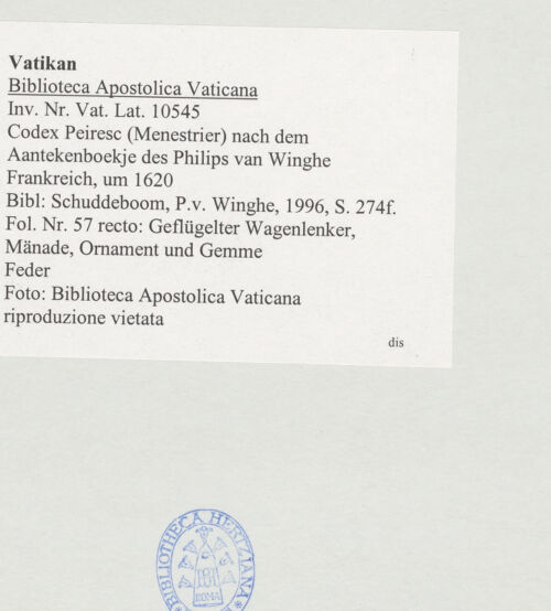 Rückseite von Biblioteca Apostolica Vaticana [https://www.deutsche-digitale-bibliothek.de/content/lizenzen/rv-ez/] Codex Peiresc (Menestrier) nach dem Aantekenboekje des Philips van WingheGeflügelter Wagenlenker, Mänade, Ornament und Gemme - , bh520109_recto. Foto.