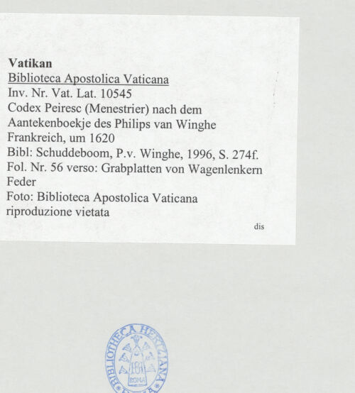 Rückseite von Biblioteca Apostolica Vaticana [https://www.deutsche-digitale-bibliothek.de/content/lizenzen/rv-ez/] Codex Peiresc (Menestrier) nach dem Aantekenboekje des Philips van WingheGrabplatten von Wagenlenkern - , bh520110_recto. Foto.
