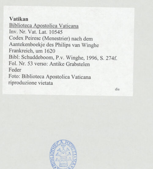 Rückseite von Biblioteca Apostolica Vaticana [https://www.deutsche-digitale-bibliothek.de/content/lizenzen/rv-ez/] Codex Peiresc (Menestrier) nach dem Aantekenboekje des Philips van WingheAntike Grabstelen - , bh520114_recto. Foto.