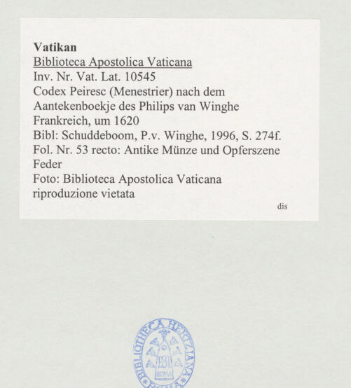 Rückseite von Biblioteca Apostolica Vaticana [https://www.deutsche-digitale-bibliothek.de/content/lizenzen/rv-ez/] Codex Peiresc (Menestrier) nach dem Aantekenboekje des Philips van WingheAntike Münze und Peliadenrelief - , bh520115_recto. Foto.