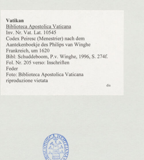 Rückseite von Biblioteca Apostolica Vaticana [https://www.deutsche-digitale-bibliothek.de/content/lizenzen/rv-ez/] Codex Peiresc (Menestrier) nach dem Aantekenboekje des Philips van WingheGrabinschriften - , bh520422_recto. Foto.