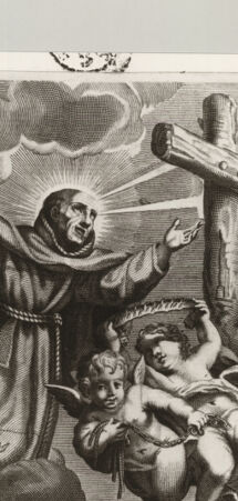 Rückseite von Landesbildstelle Rheinland [http://creativecommons.org/publicdomain/mark/1.0/] Der heilige Petrus von Alcantara in Wolken, das Kreuz betrachtend - , bh520806. Foto.