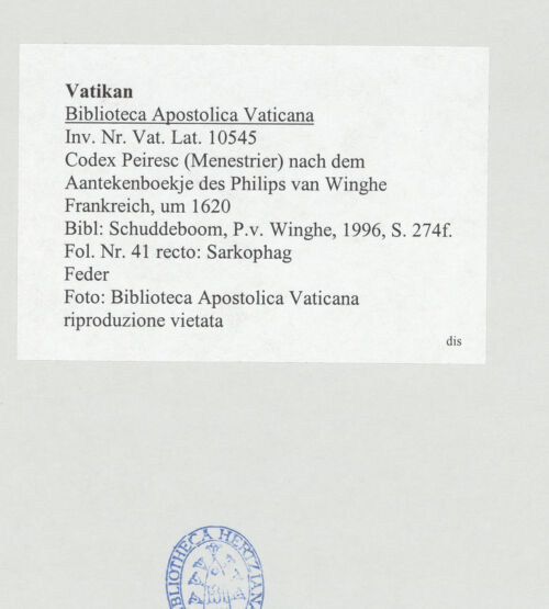 Rückseite von Biblioteca Apostolica Vaticana [https://www.deutsche-digitale-bibliothek.de/content/lizenzen/rv-ez/] Codex Peiresc (Menestrier) nach dem Aantekenboekje des Philips van WingheSarkophag - , bh520879_recto. Foto.