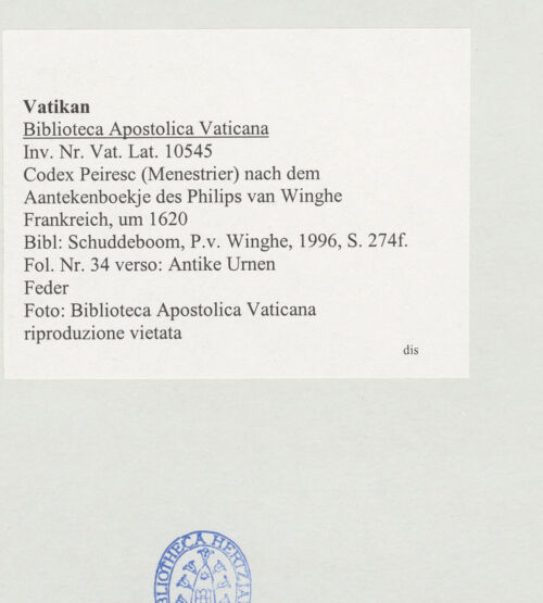 Rückseite von Biblioteca Apostolica Vaticana [https://www.deutsche-digitale-bibliothek.de/content/lizenzen/rv-ez/] Codex Peiresc (Menestrier) nach dem Aantekenboekje des Philips van WingheAntike Urnen - , bh520892_recto. Foto.