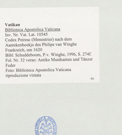 Rückseite von Biblioteca Apostolica Vaticana [https://www.deutsche-digitale-bibliothek.de/content/lizenzen/rv-ez/] Codex Peiresc (Menestrier) nach dem Aantekenboekje des Philips van WingheBacchanten, Musikanten und Tänzer - , bh520896_recto. Foto.