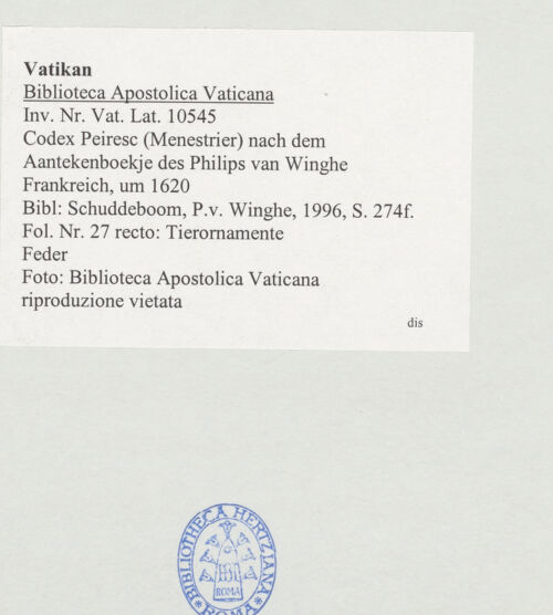 Rückseite von Biblioteca Apostolica Vaticana [https://www.deutsche-digitale-bibliothek.de/content/lizenzen/rv-ez/] Codex Peiresc (Menestrier) nach dem Aantekenboekje des Philips van WingheTierornamente - , bh520907_recto. Foto.